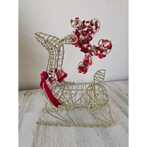Pier 1 metal glitter gold sequin reindeer deer red decor centerpiece sparkle - Picture 1 of 11